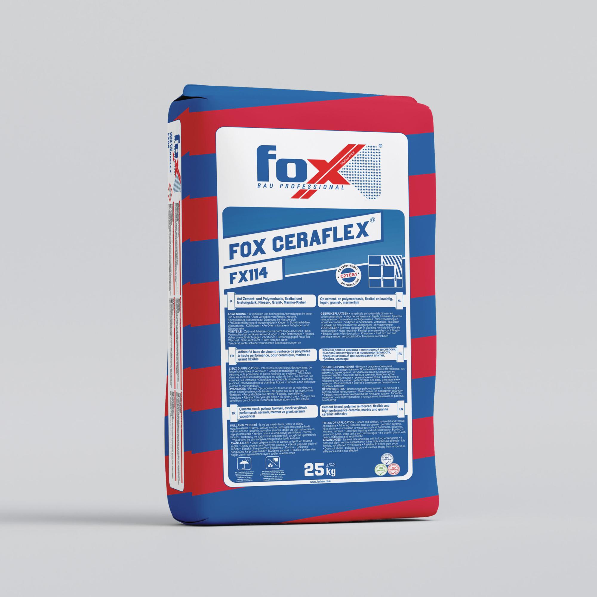 მაღალსიმყარიანი წებოცემენტი-FOX CERAFLEX FX114 GREY 25kg — თხევადი ჰიდროიზოლაცია